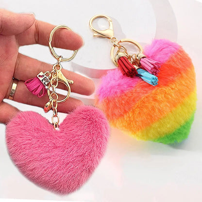 Rainbow Heart Pompom Keychain – Colorful Plush Ball Tassel Bag Charm for Women
