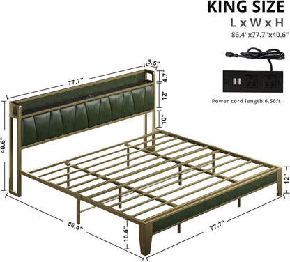 LIKIMIO Twin XL/Full/King/CaliforniaKing Bed Frame, Storage Headboard with Charging Station, No Box Spring Needed, Dark Green