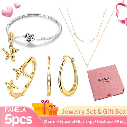Pink Heart Bracelet Set 925 Silver Original Flower Ring Butterfly Earrings & Gift Box For Women Wedding Jewelry Best Wish 5pcs
