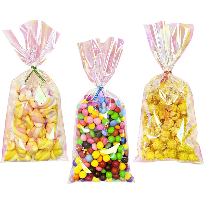 15/30/60pcs rainbow colored cellophane gift bag with tie, holographic cellophane gift bag for candy biscuits birthday gift