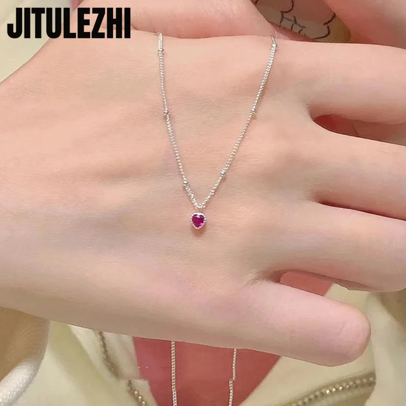 925 Sterling Silver Necklace Pendant For Women Jewelry Love Necklace Small Mini Red Heart Pendant Simple Heart Shaped Collar