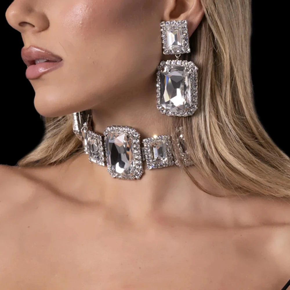 Stonefans Bride Crystal Necklace Earrings Set Bridesmaid Wedding Jewellry Two Pieces Choker Necklace Prom Costume Jewelry Sets