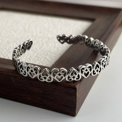 Retro 925 Sterling Silver Bracelet for Women Men Vintage Handmade Hollow Heart Bracelet