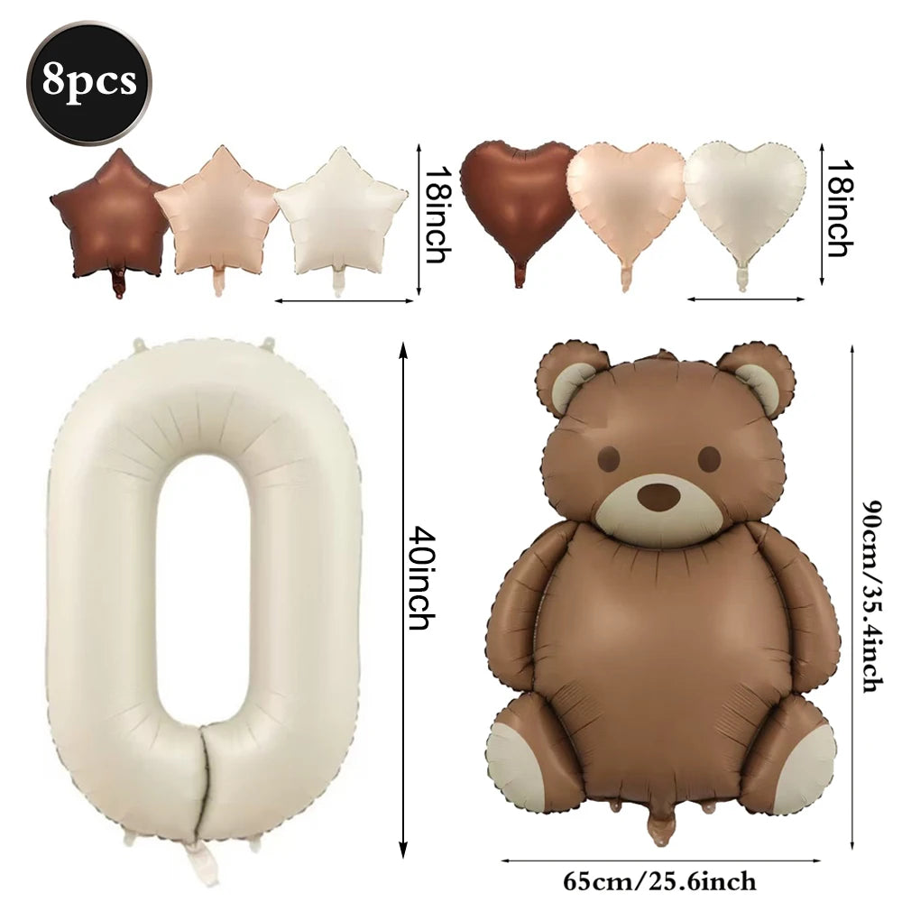 Cute Teddy Bear Party Birthday Number Balloons Large Retro Brown Bear Foil Balloon Set 8 pcs Baby Shower Birthday Party Decor