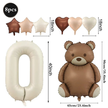 Cute Teddy Bear Party Birthday Number Balloons Large Retro Brown Bear Foil Balloon Set 8 pcs Baby Shower Birthday Party Decor