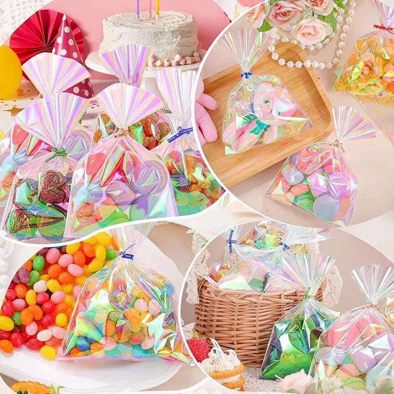 15/30/60pcs rainbow colored cellophane gift bag with tie, holographic cellophane gift bag for candy biscuits birthday gift