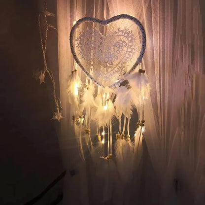 Heart Shaped LED Dream Catcher with Feathers Car Hanging Ornaments Home Wall Decor Fairy Lights for Bedroom Gift