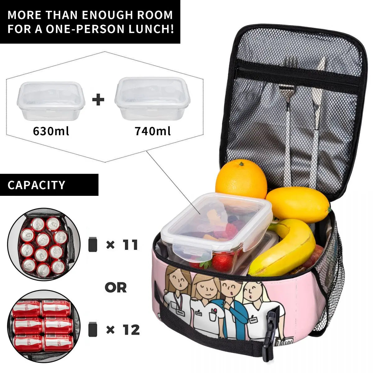 Custom cartoon-printed lunch bag featuring ladies, nurses, and doctors. Thermal insulated, reusable, and multifunctional, perfect for kids' food bento boxes.