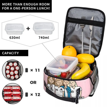 Custom cartoon-printed lunch bag featuring ladies, nurses, and doctors. Thermal insulated, reusable, and multifunctional, perfect for kids' food bento boxes.