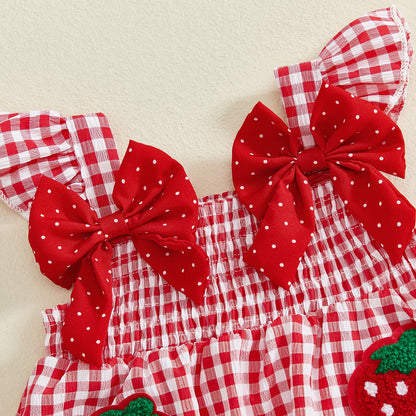 Toddler Baby Girl Summer Clothes Strawberry Outfit Sleeveless Ruffle Tank Top and Red Gingham Plaid Shorts Set 2Pcs