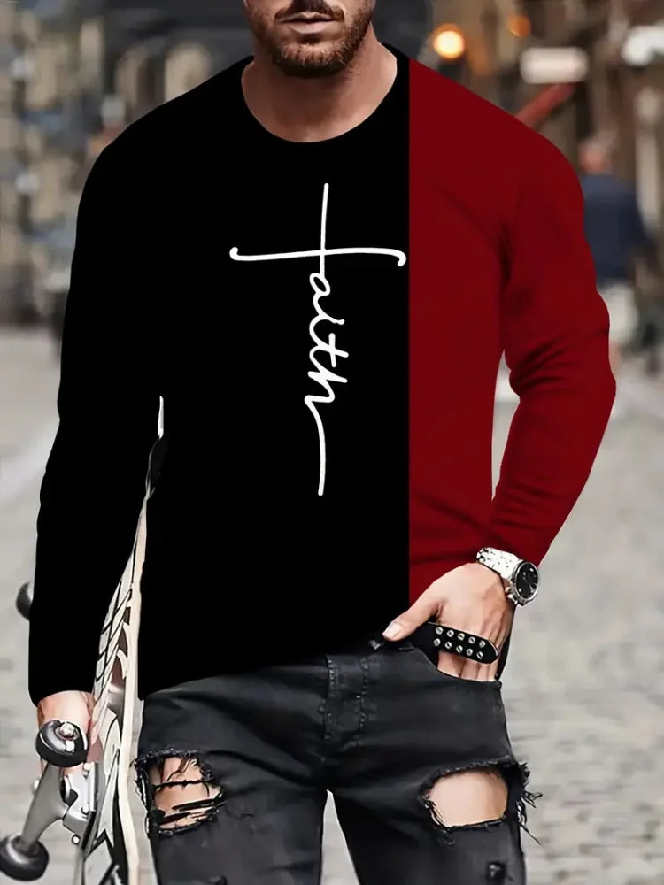 Fashion Trend Men's Crew-neck Long Sleeves Cross 3D Printed Men's Casual Pullover T-shirt Casual All-match Men's Top S-5XL