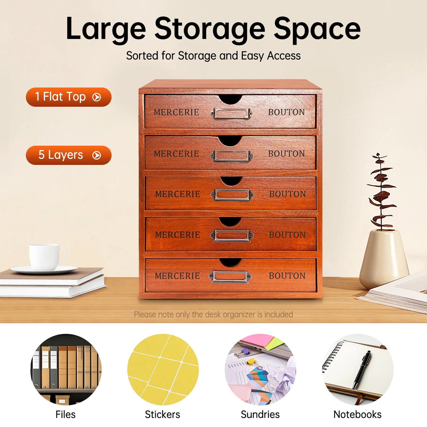 5‑Drawer Wooden Desk Organizer – Vintage Desktop Storage Shelf for Office, Study & Bedroom