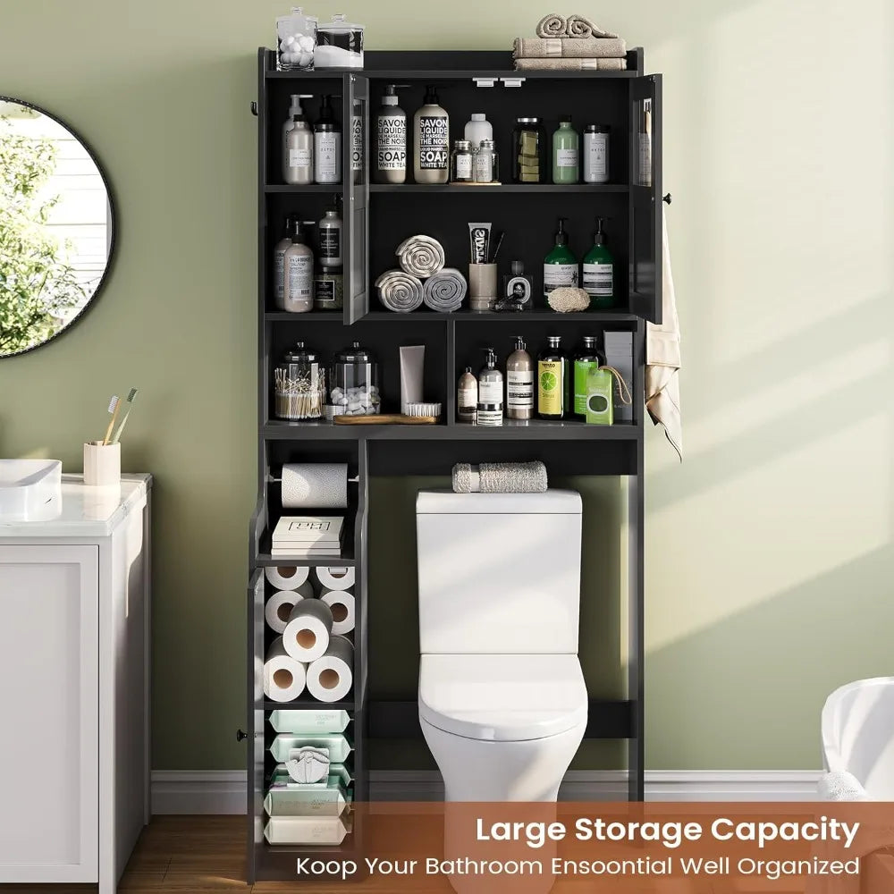 Over Toilet Storage Cabinet with Glass Doors & Paper Holder, Space-Saving Bathroom Organizer Rack for Home Restroom Laundry