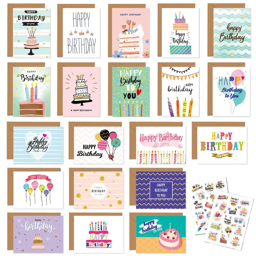 20 Happy Birthday greeting cards with envelopes, perfect for kids and adults. These folded cards are great for handwritten messages and birthday party invitations.