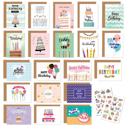 20 Happy Birthday greeting cards with envelopes, perfect for kids and adults. These folded cards are great for handwritten messages and birthday party invitations.