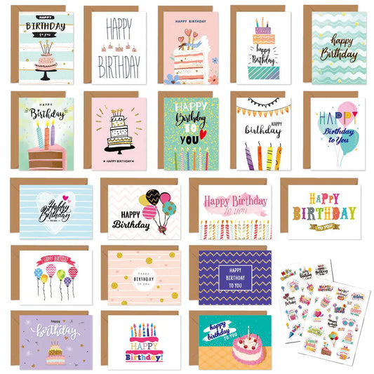 20 Happy Birthday greeting cards with envelopes, perfect for kids and adults. These folded cards are great for handwritten messages and birthday party invitations.