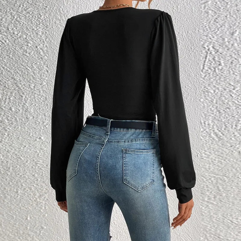 Women's Sexy Deep V Neck Long Sleeve Solid Blouse Slim Elegant