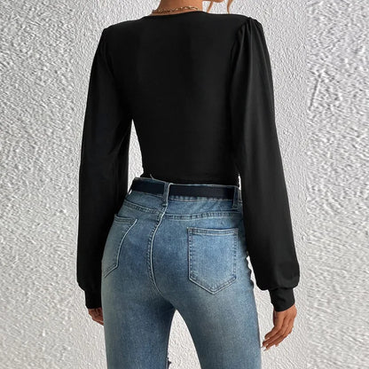 Women's Sexy Deep V Neck Long Sleeve Solid Blouse Slim Elegant