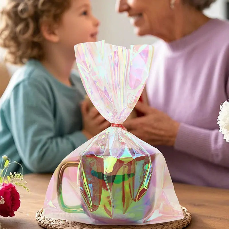 15/30/60pcs rainbow colored cellophane gift bag with tie, holographic cellophane gift bag for candy biscuits birthday gift
