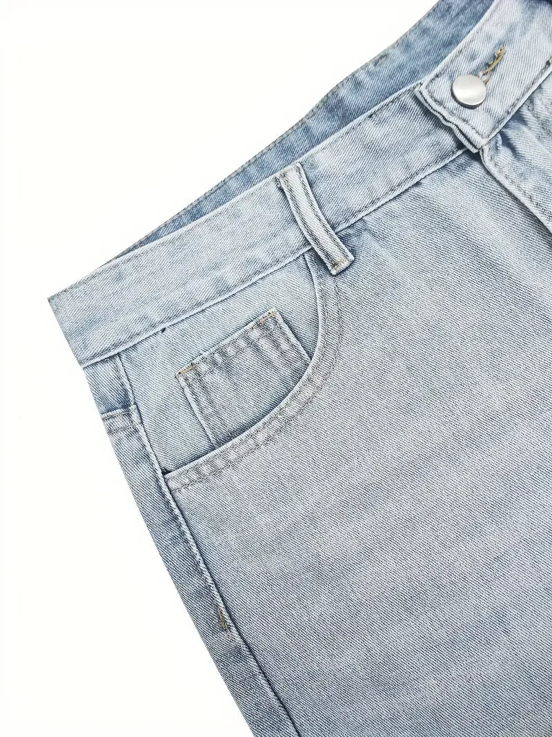 Men'S Vintage Washed Blue Loose Fit Jeans - Casual Straight Leg Denim Pants with Zipper Fly, All-Season Comfort, Mid Waist, Casu