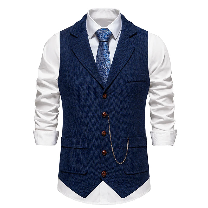 Men's Retro Lapel Chain Pockets Suit Vest British Casual V