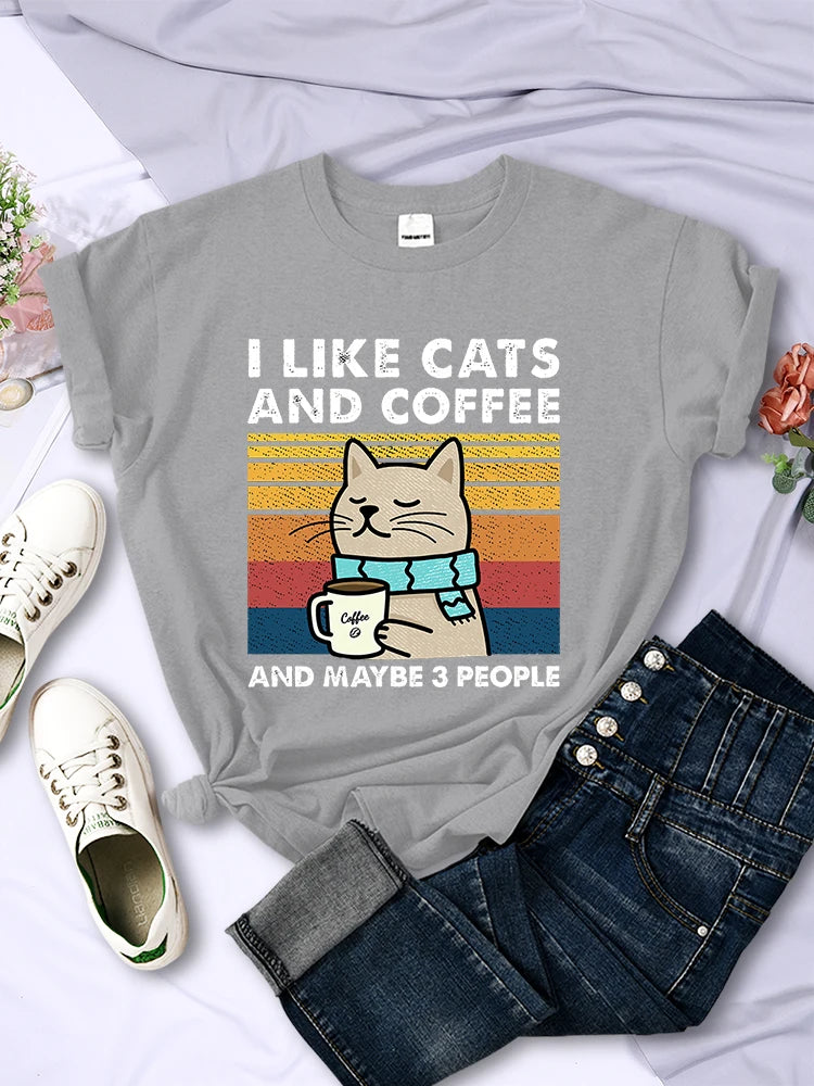 Women's I Like Cats And Coffee Printed T Shirt   Casual Short Sleeve Breathable