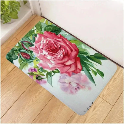 Sweet Rose Print Doormat Non-slip Floral Printed Floor Rug Washable Throw Carpet For Bathroom Living Room Kitchen Home Decor Mat