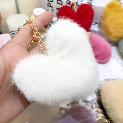 Rainbow Heart Pompom Keychain – Colorful Plush Ball Tassel Bag Charm for Women