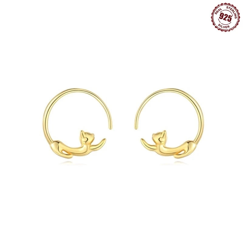 925 Sterling Silver Hoop Earrings Simple Sleeping Cat Earrings For Engagement Wedding Party Birthday Jewelry Gift