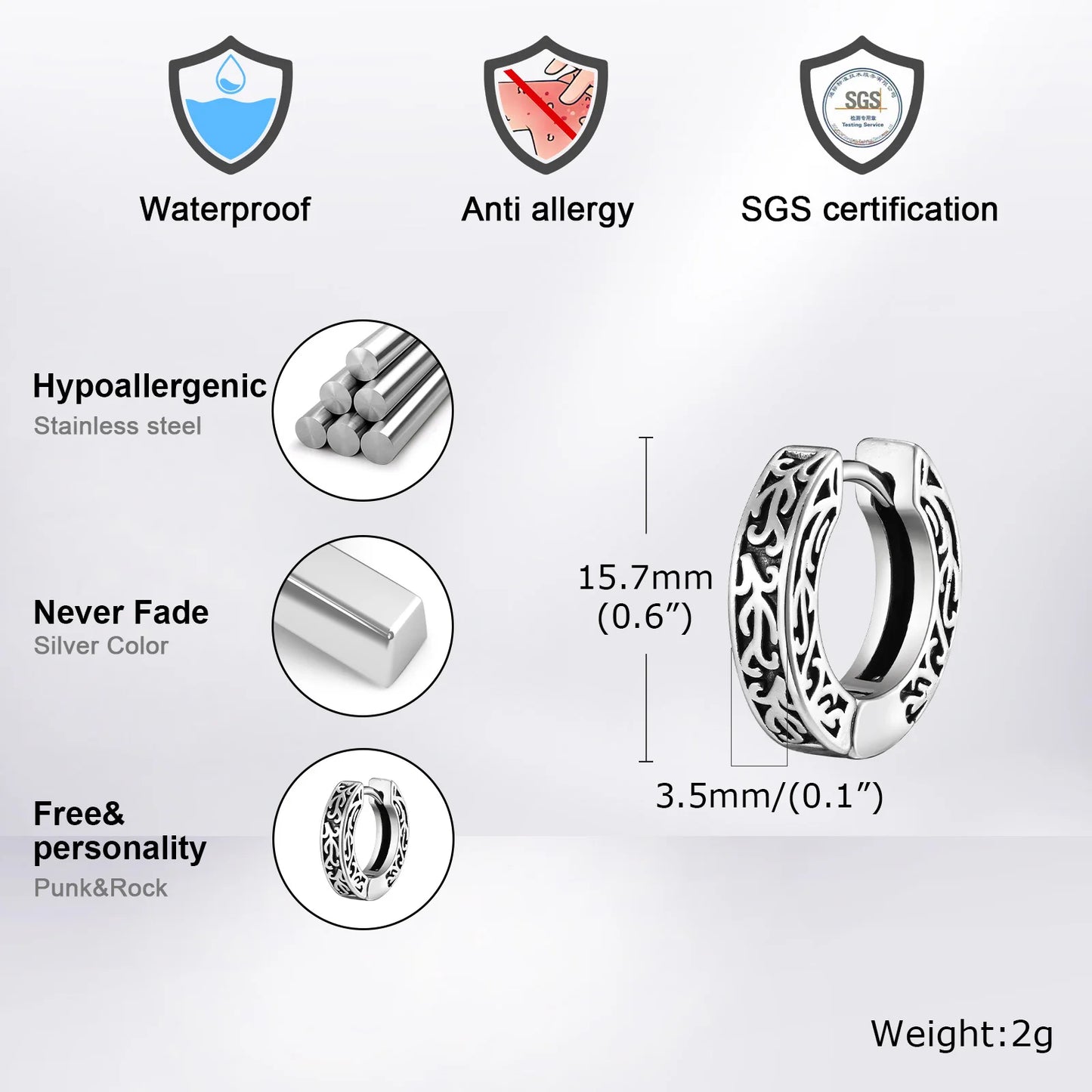 Thick Small Hoop Earrings for Men Teens, Anit Allergy Stainless Steel Huggies Earrings, Unisex Punk Rock Ear Jewelry