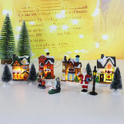 12 Pcs Mini Resin Christmas Village Figurines Decoration Set Lighted LED Christmas Winter Village Houses Xmas Winter Decorations