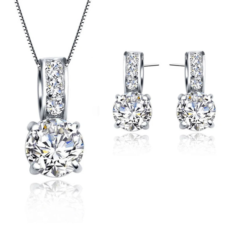 925 Sterling Silver Color Bridal Jewelry Set Classic Cubic Zircon Crystal Pendant  Necklace Stud Earrings