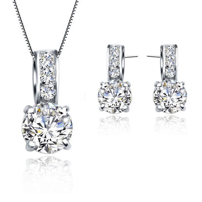 925 Sterling Silver Color Bridal Jewelry Set Classic Cubic Zircon Crystal Pendant  Necklace Stud Earrings