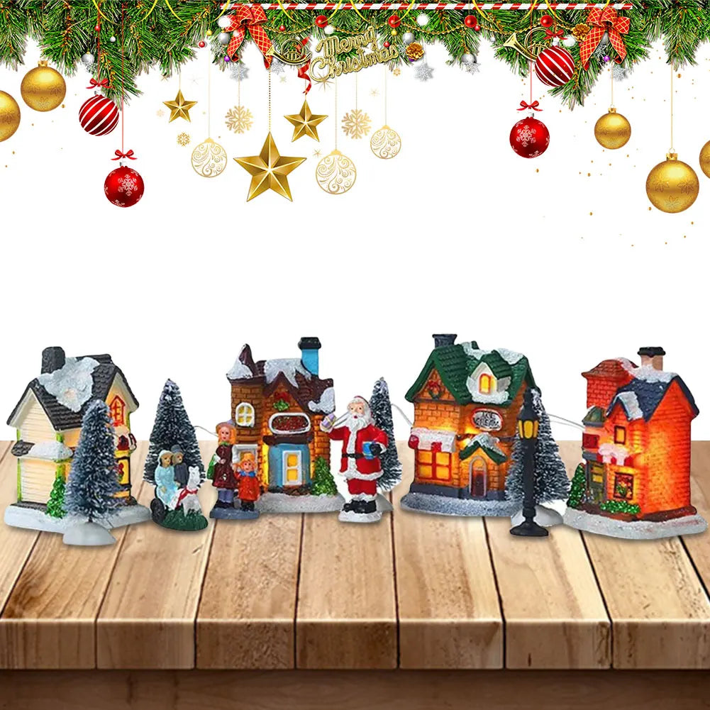 12 Pcs Mini Resin Christmas Village Figurines Decoration Set Lighted LED Christmas Winter Village Houses Xmas Winter Decorations