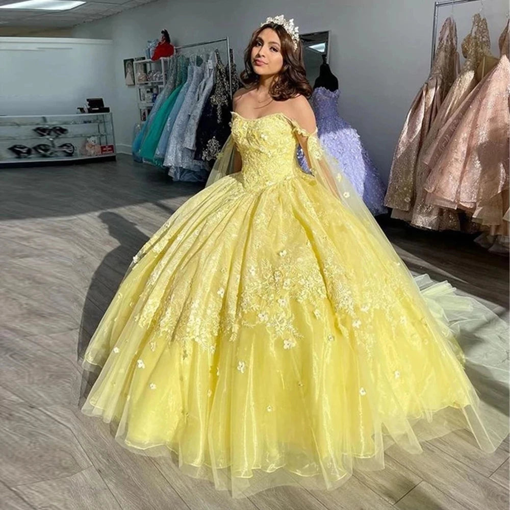 Off‑Shoulder Yellow Quinceañera Ball Gown