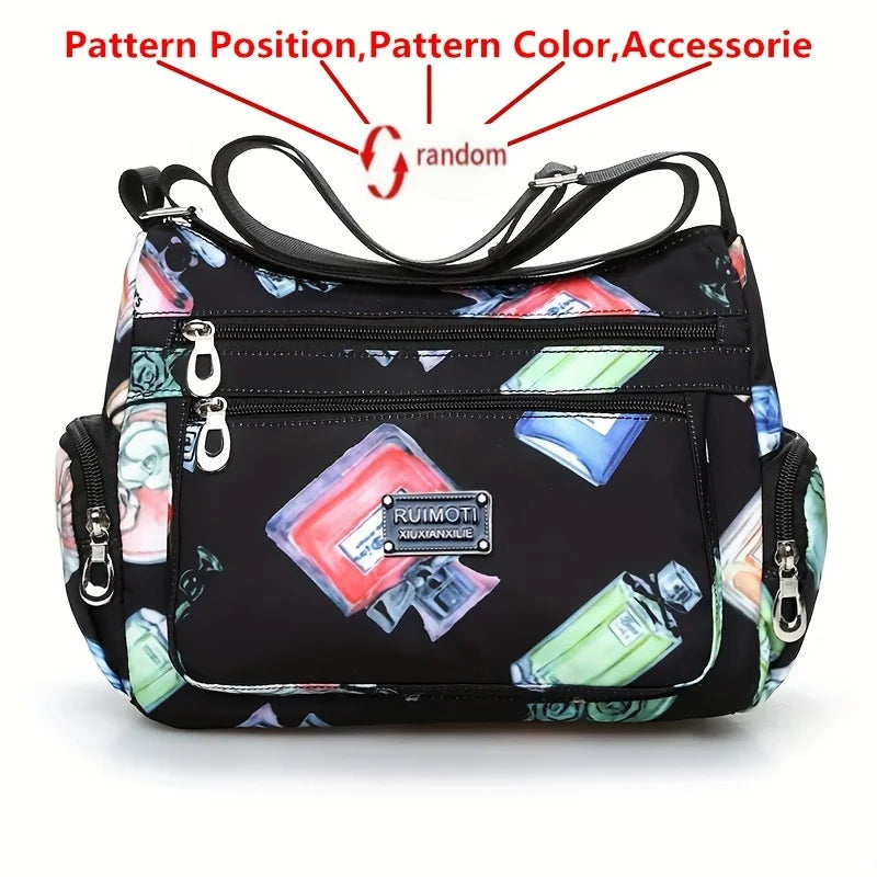Floral Print Crossbody Bag, Trendy Nylon Shoulder Bag, Women's Multi Layer Messenger Bag For Travel