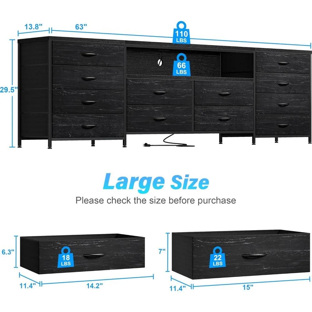 65 70 75 Inch TV 63"W Dresser TV Stand for Bedroom with LED Lights & Power Outlets & 12 Drawers Black Dresser, TV Stands