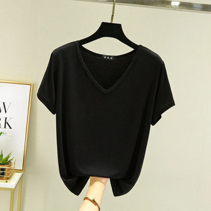 Summer women Modal V-Neck Tshirt Thin Bottoming T-shirts Plus size Loose tee tops Streetwear Basic Top