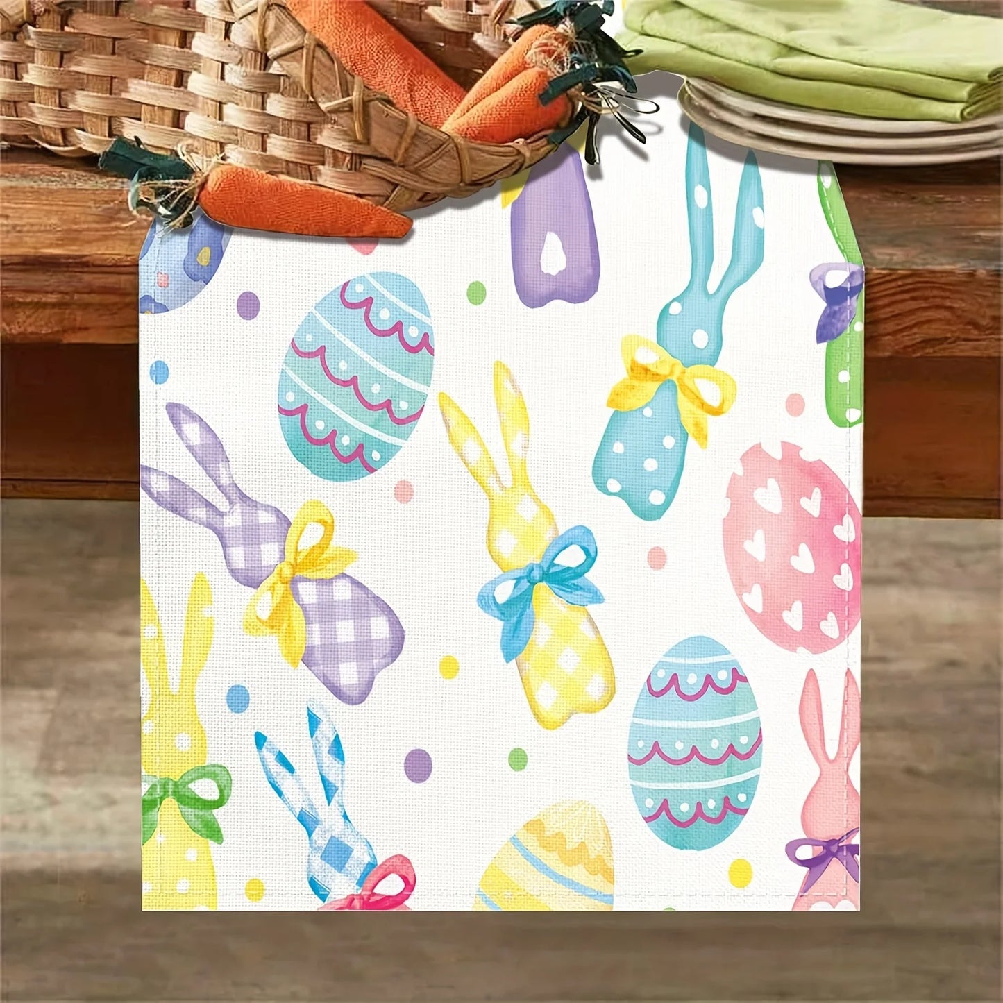 Easter Linen Table Runner – Bunny & Colorful Eggs Spring Kitchen and Dining Decor