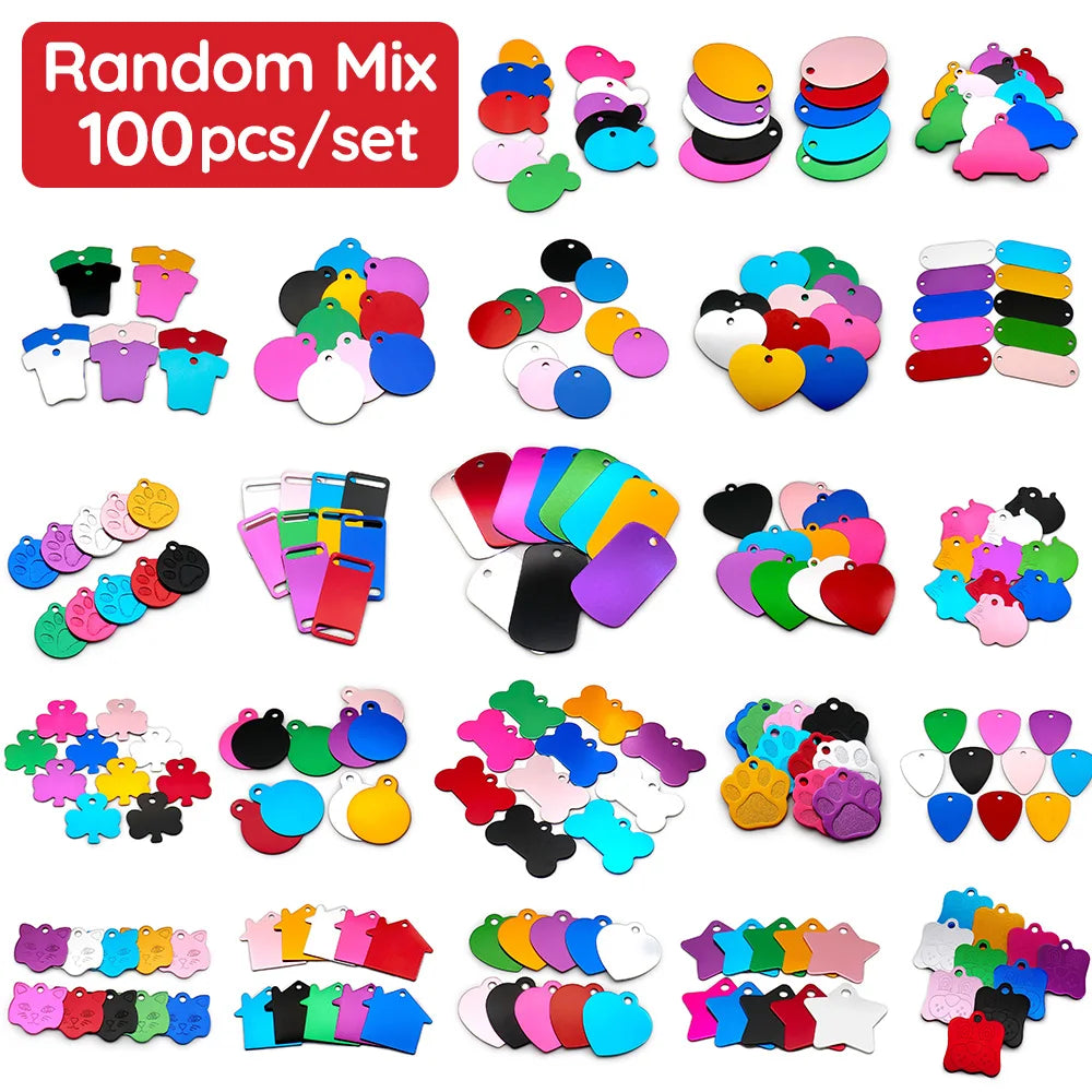 Random Mix 100pcs Aluminum Blank Dog Cat ID Pendant Engravable Ornament Tag Plates