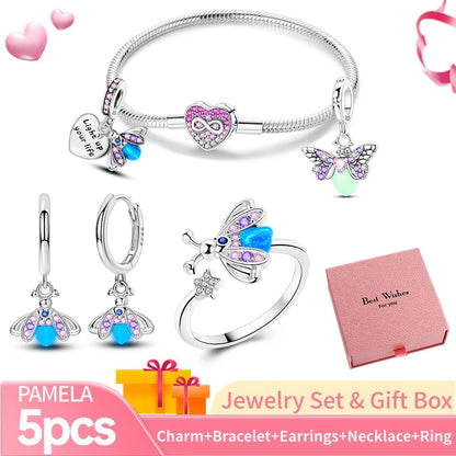 Pink Heart Bracelet Set 925 Silver Original Flower Ring Butterfly Earrings & Gift Box For Women Wedding Jewelry Best Wish 5pcs
