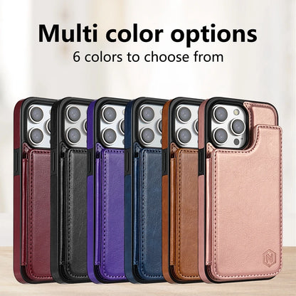 Magnetic Wallet Case for iPhone – Solid‑Color Leather Cover with Double Buckle, RFID‑Blocking Card Holder (iPhone 15/14/13/12/11, XR, XS, SE2, 8, 7)