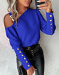 Women Elegant Lantern Sleeve Button Splicing O Neck Blouse