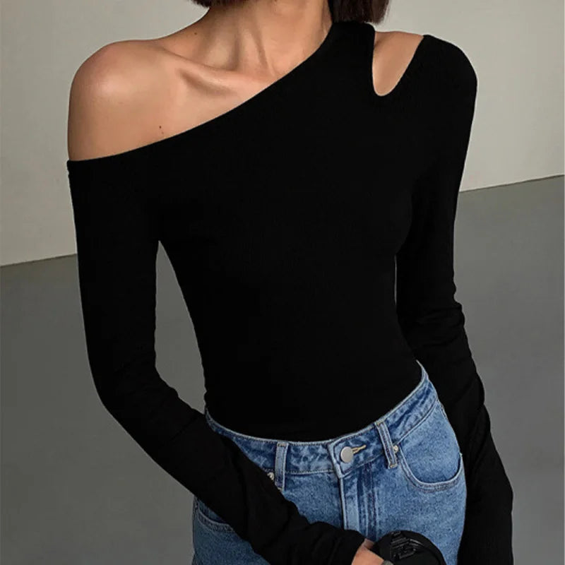 Womens Skew Collar Off-shoulder Long-sleeved Slim Fit Top