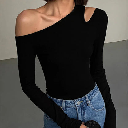 Womens Skew Collar Off-shoulder Long-sleeved Slim Fit Top