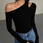 Womens Skew Collar Off-shoulder Long-sleeved Slim Fit Top