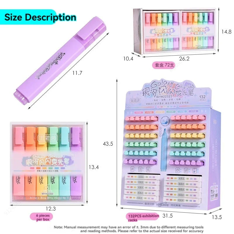 6 Colors/box Fine Fluorescent Glitter Highlighter Marker Pen Set