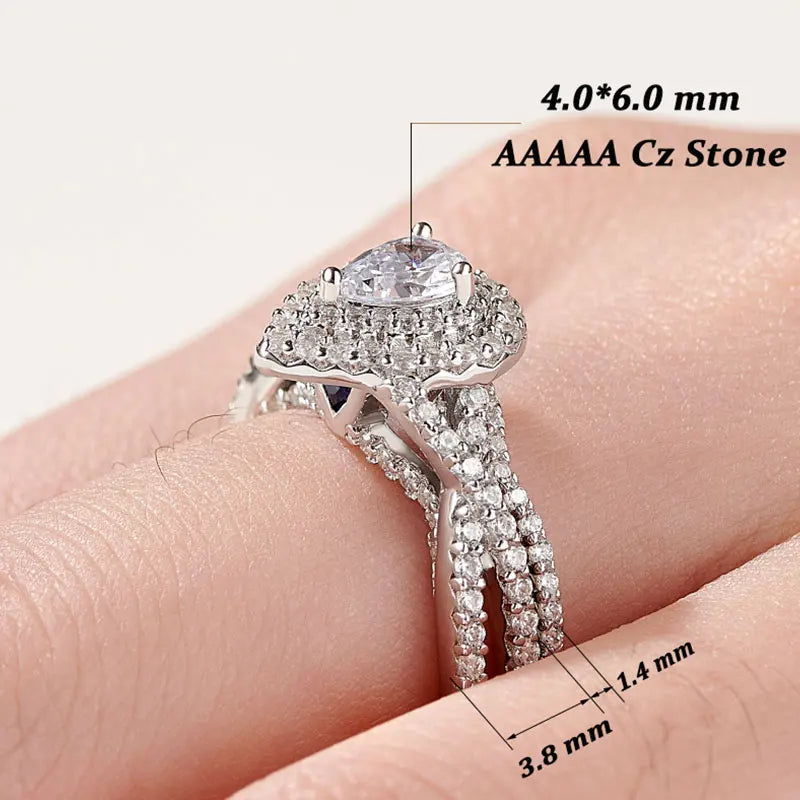 2 Pcs 925 Sterling Silver Wedding Rings for Women Engagement Ring Sets 2.0 Ct Pear Shape Teardrop AAAAA Zircon BR0829