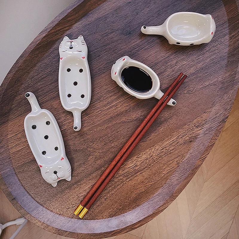 Cartoon Cat / Rabbit Sauce Dishes Ceramic Pot Sauce Dipping Dishes Kitchen Knife And Fork Holder Table Decoration
