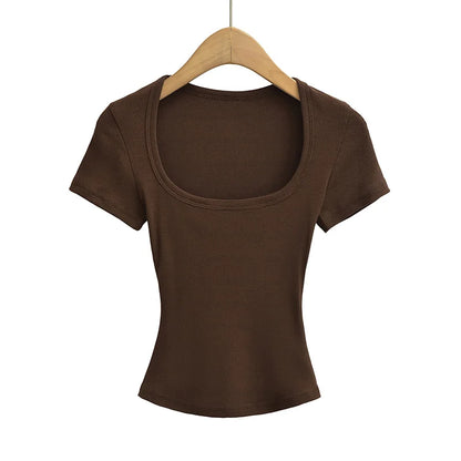 Square Collar High Stretch Summer Crop Tops Women Short Sleeve Tops Sexy Pullover Bottoming Blouses Slim T-shirt
